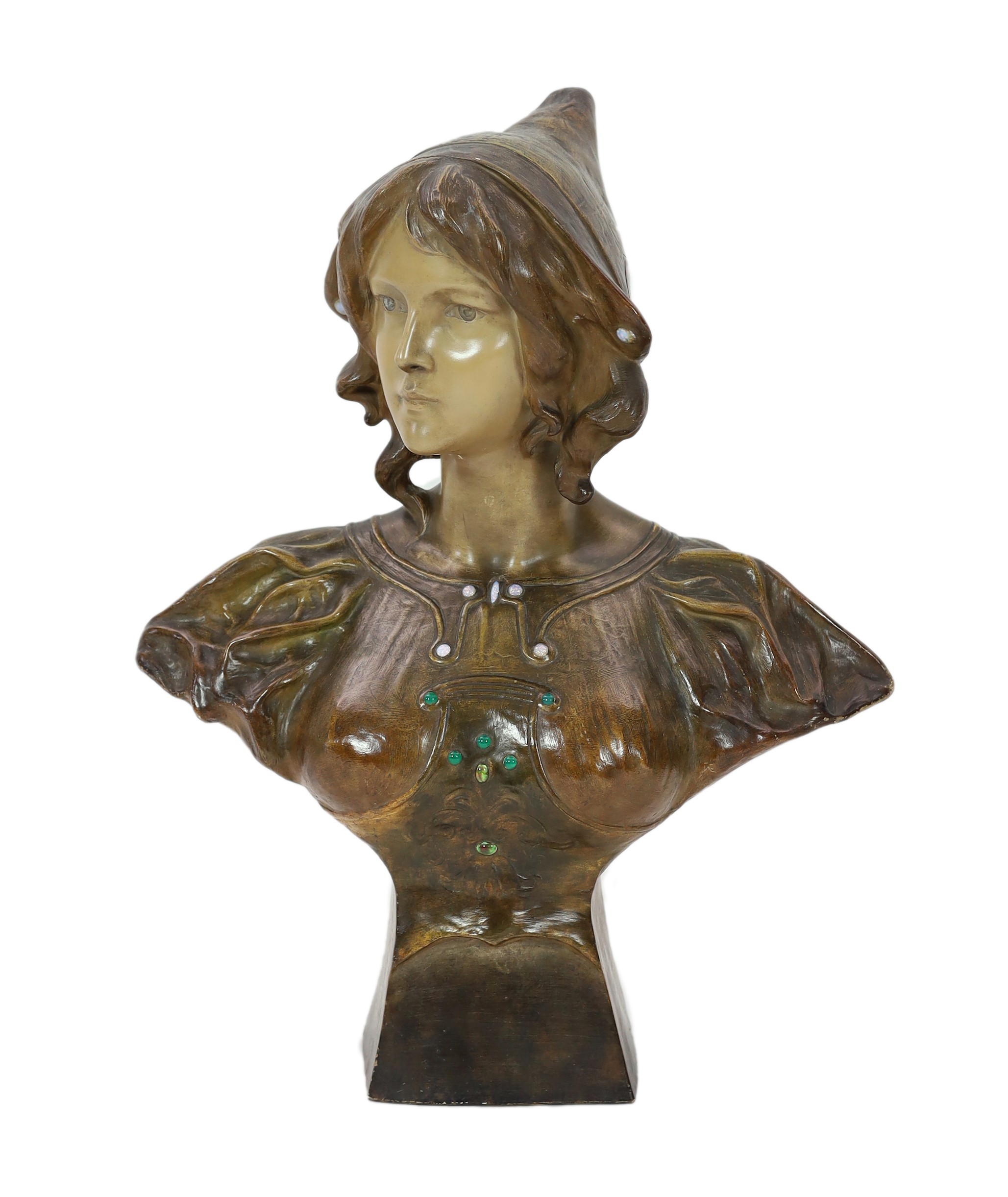 An Art Nouveau Goldscheider cold-painted terracotta bust of Cleo De Merod, signed Montenave, 67cm high